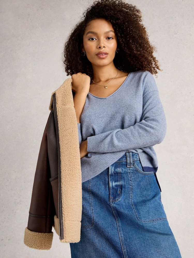 White Stuff Blue V-Neck Cashmere Jumper - Image 1 of 6