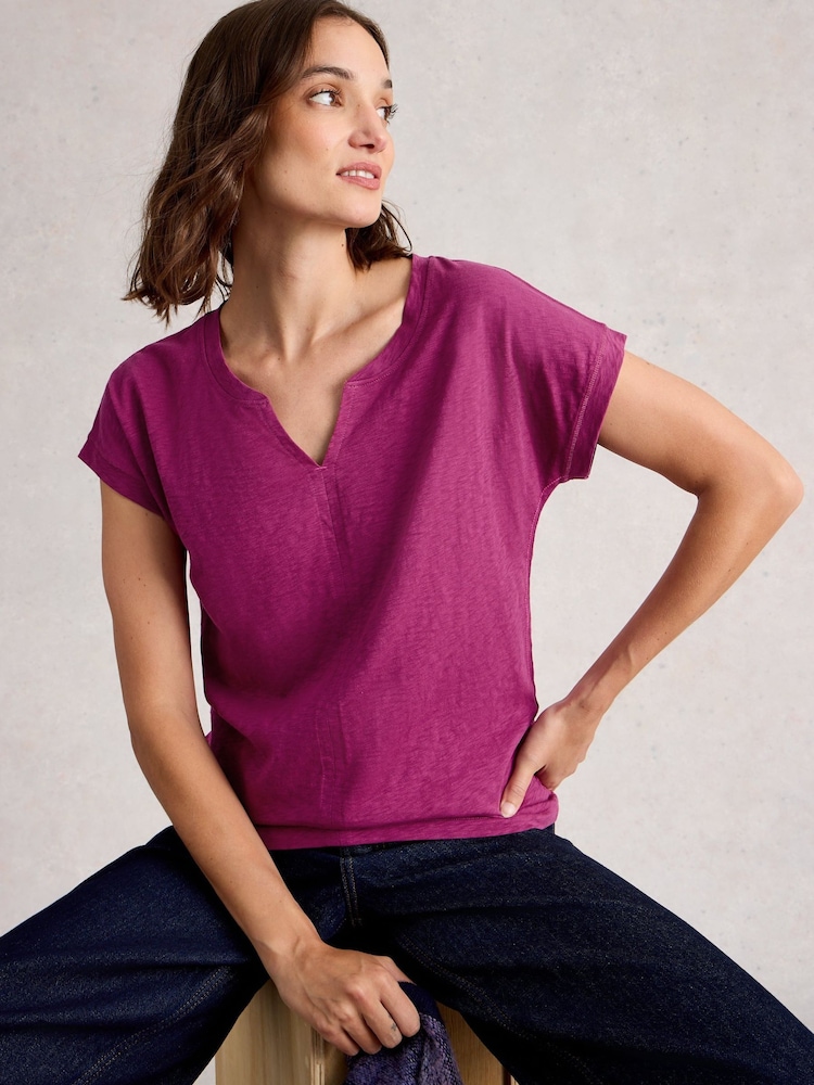 White Stuff Purple 100% Cotton Nelly Notch Neck T-Shirt - Image 1 of 6 White Stuff Purple 100% Cotton Nelly Notch Neck T-Shirt - Image 1 of 6