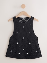 Black Cotton Crochet Mirror Sequin Vest - Image 5 of 7