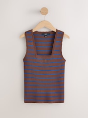 بني شوكولاتة/مخطط أزرق - بلوزة بدون أكمام محبوكة بحواف كروشيه - صورة 5 من 7