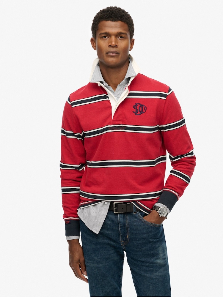 Superdry Red Vintage Athletic Stripe Rugby Top - Image 1 of 7 Superdry Red Vintage Athletic Stripe Rugby Top - Image 1 of 7