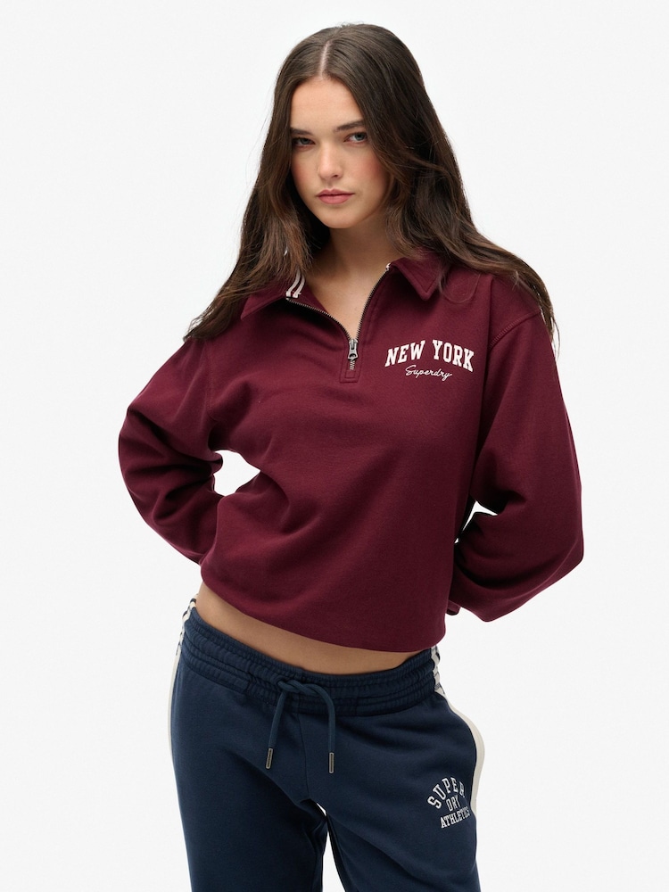 Superdry Red Athletic Essentials Collared Half Zip Sweatshirt - Image 1 of 7 Superdry Red Athletic Essentials Collared Half Zip Sweatshirt - Image 1 of 7