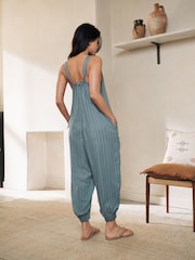 Teal Blue Viscose/Linen Blend Jumpsuit - Image 4 of 7