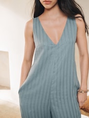 Teal Blue Viscose/Linen Blend Jumpsuit - Image 5 of 7