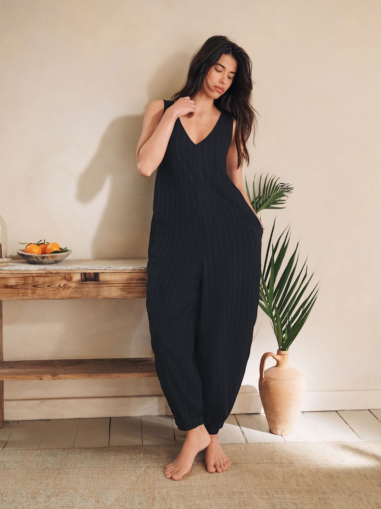 Black Viscose/Linen Blend Jumpsuit - Image 1 of 6