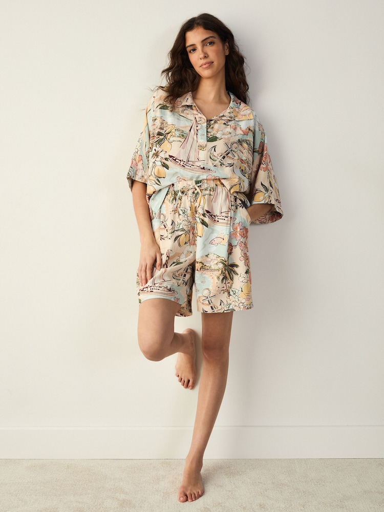 Coral and Blue Linen Scene Shorts - Image 1 of 6