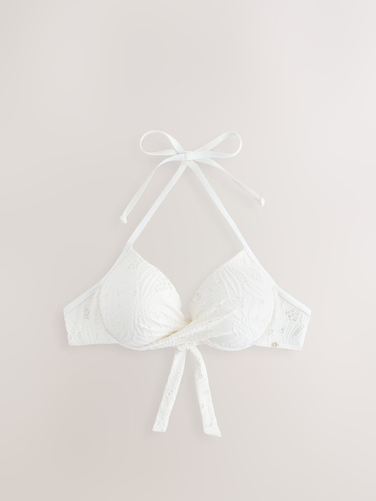 Cream Broderie Padded Wired Plunge Bikini Top - Image 1 of 4 Cream Broderie Padded Wired Plunge Bikini Top - Image 1 of 4