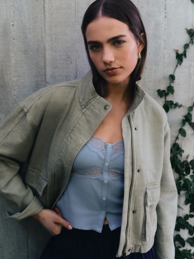 Khaki Green Funnel Neck Cotton Utility Jacket - Image 1 of 14