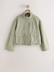 Khaki Green Funnel Neck Cotton Utility Jacket - Image 12 of 14