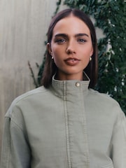 Khaki Green Funnel Neck Cotton Utility Jacket - Image 6 of 14
