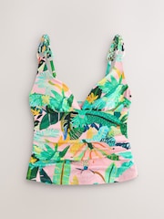 Coral Pink Tropical Macrame Strap Plunge Tummy Control Tankini Top - Image 1 of 3