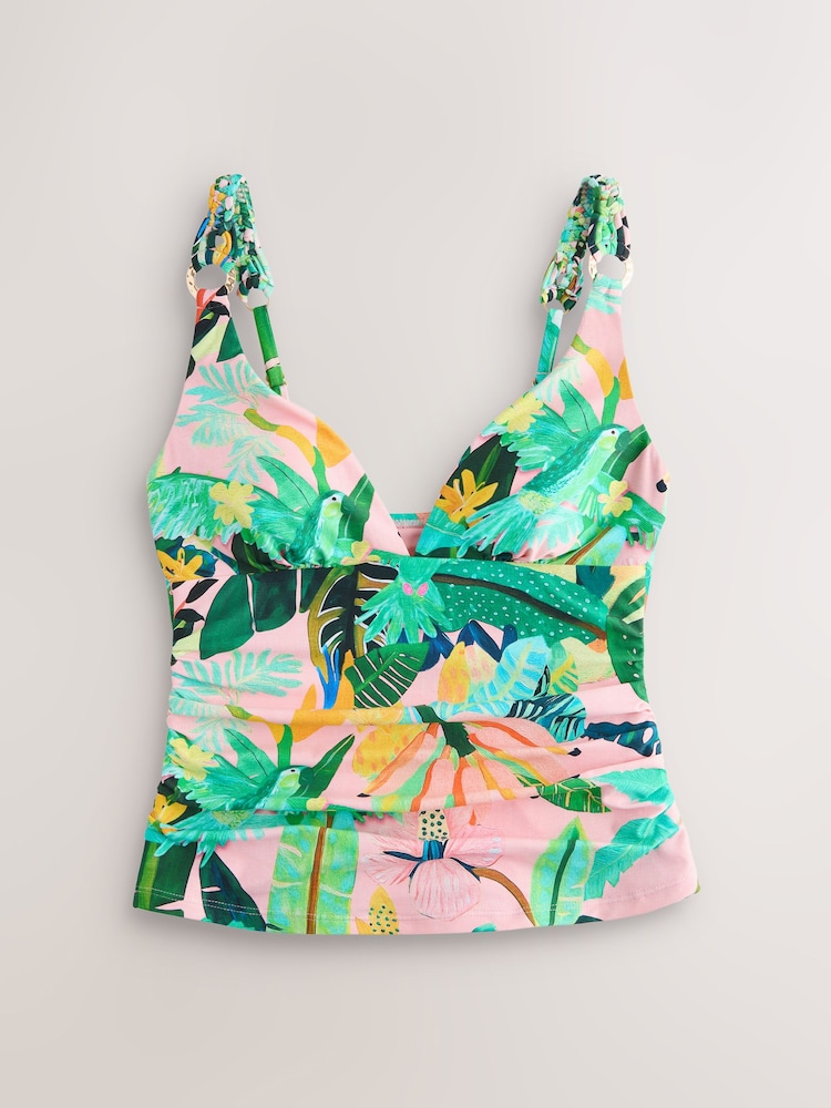 Coral Pink Tropical Macrame Strap Plunge Tummy Control Tankini Top - Image 1 of 3