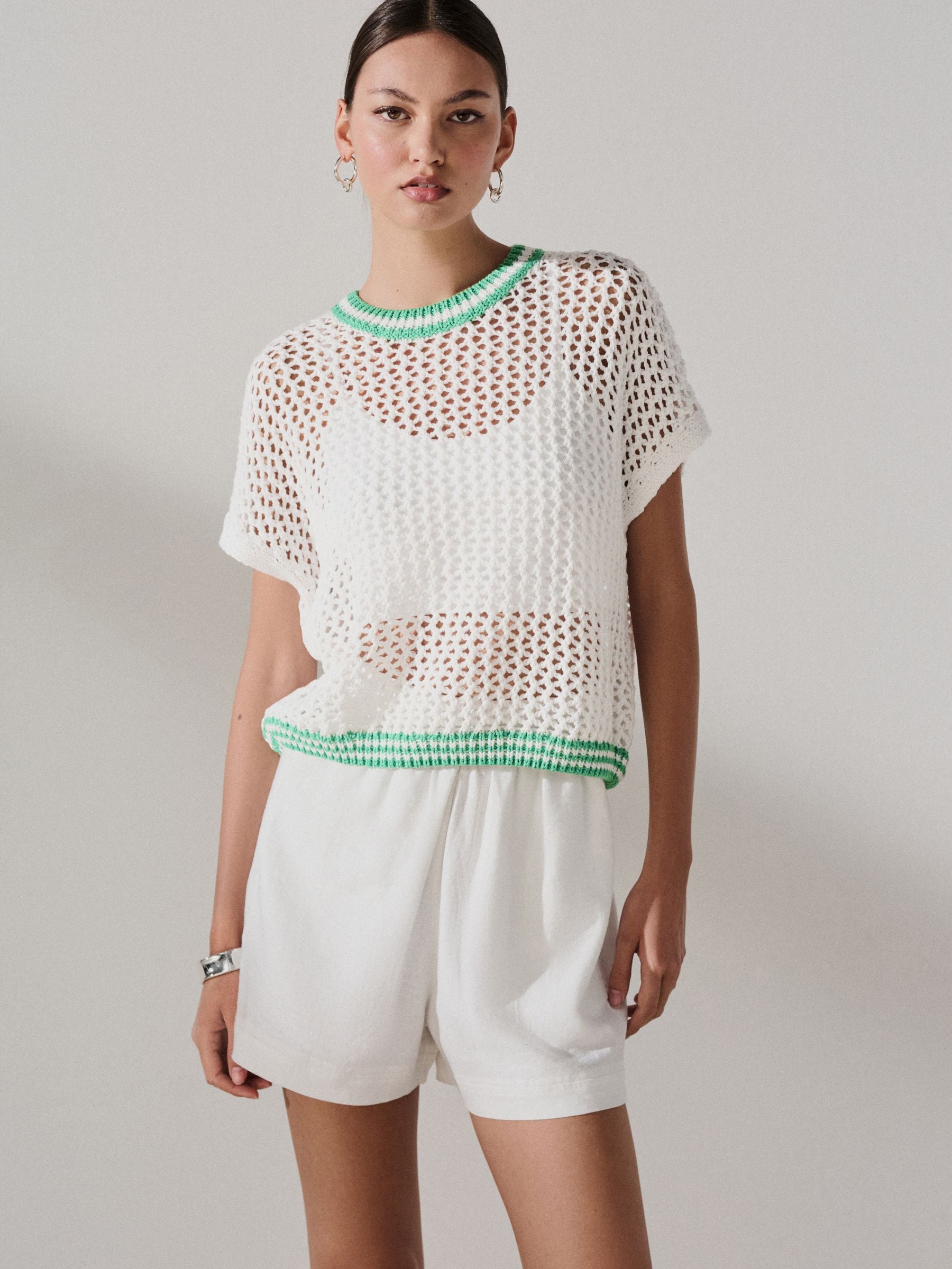 Buy White/Green Tipped Mesh Crochet 100% Cotton Relaxed T-Shirt