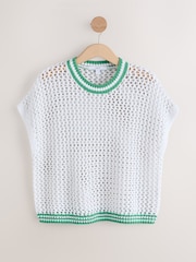 Weiss mit Zierstreifen - Mesh Crochet 100% Cotton Relaxed T-Shirt - Bild 1 von 3