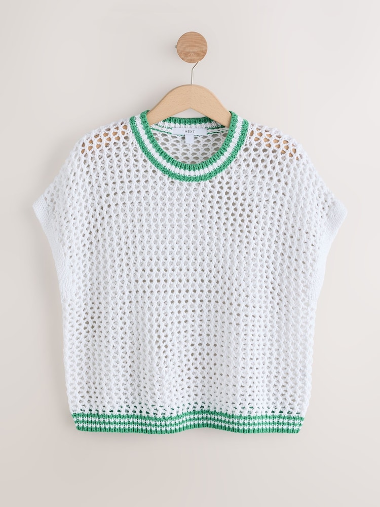 Weiss mit Zierstreifen - Mesh Crochet 100% Cotton Relaxed T-Shirt - Bild 1 von 3