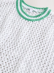 Weiss mit Zierstreifen - Mesh Crochet 100% Cotton Relaxed T-Shirt - Bild 3 von 3