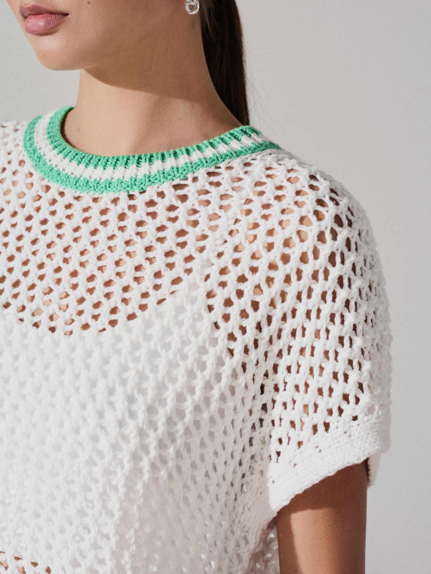 Time is on 【COTTON MESH KNIT C/D】 Buy White/Green Tipped Mesh Crochet 100% Cotton Relaxed T-Shirt