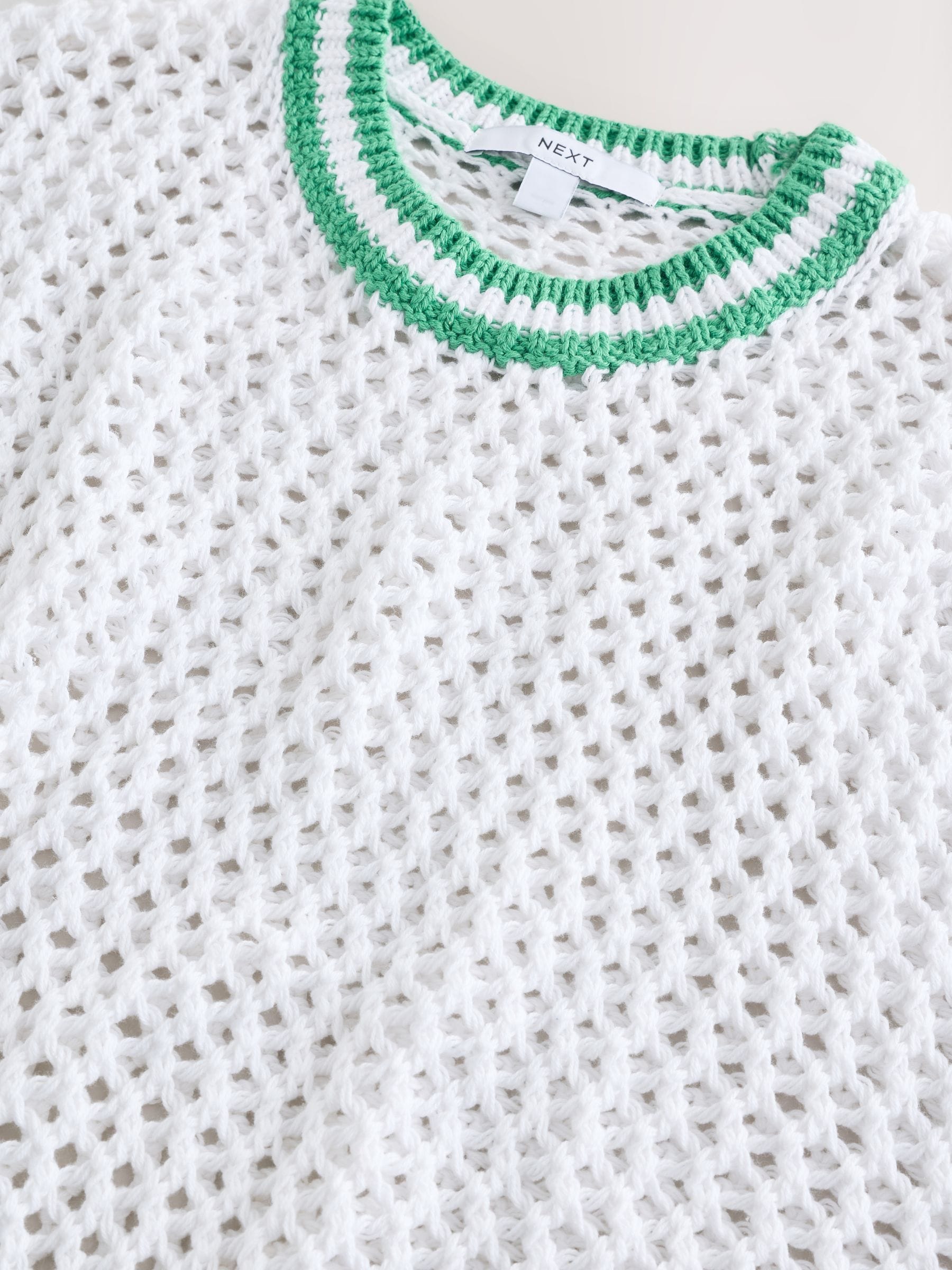 Buy White/Green Tipped Mesh Crochet 100% Cotton Relaxed T-Shirt