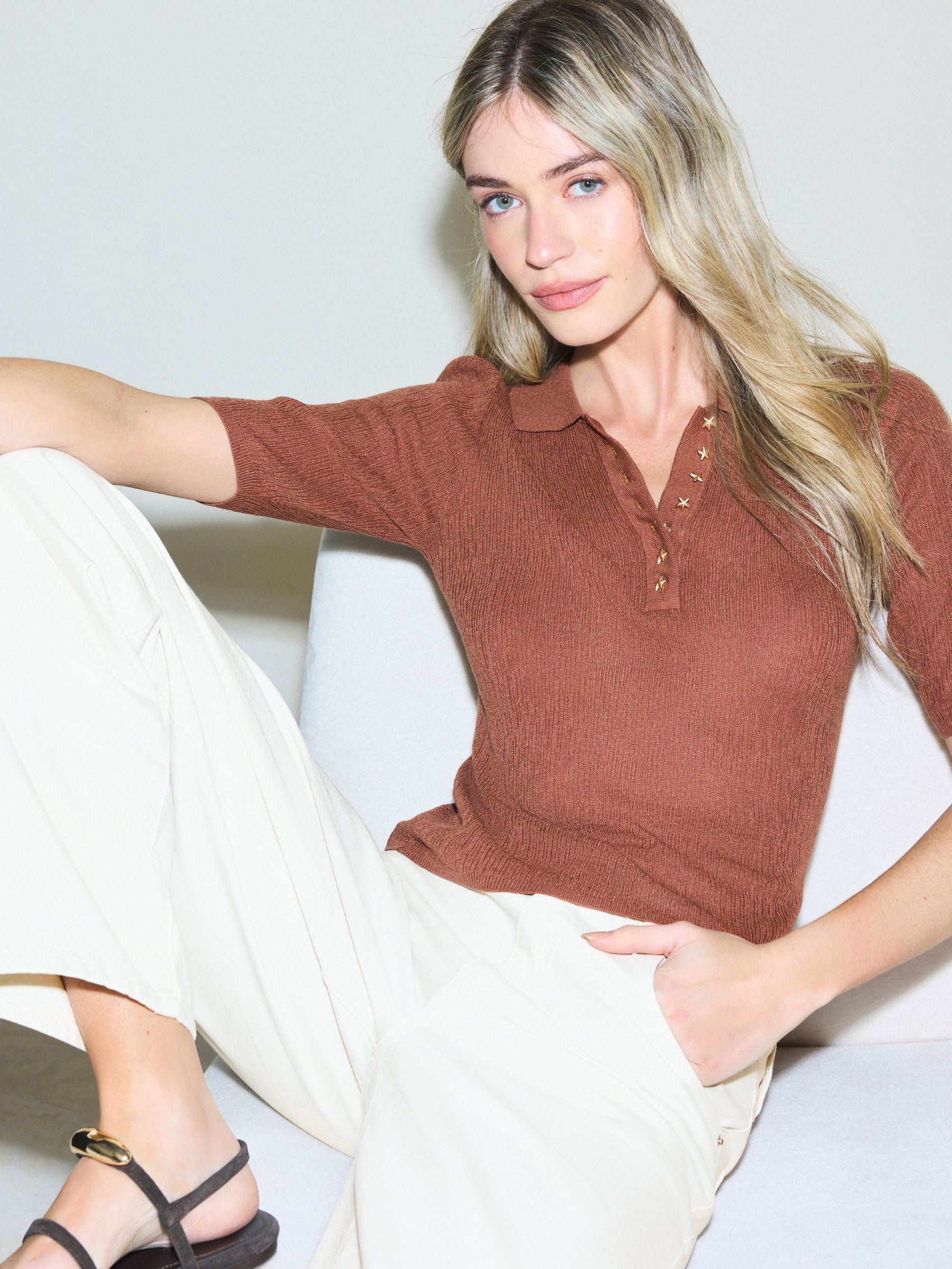 Buy Rust Brown Textured Polo Top With Linen from the Next UK