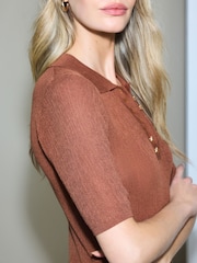 بني - رداء عُلوي كتان بولو بملمس بارز - صورة 5 من 8