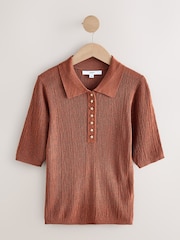 بني - رداء عُلوي كتان بولو بملمس بارز - صورة 6 من 8