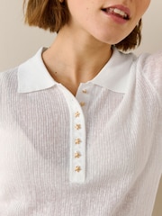 White Textured Polo Top With Linen - Image 4 of 7