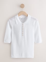 White Textured Polo Top With Linen - Image 5 of 7