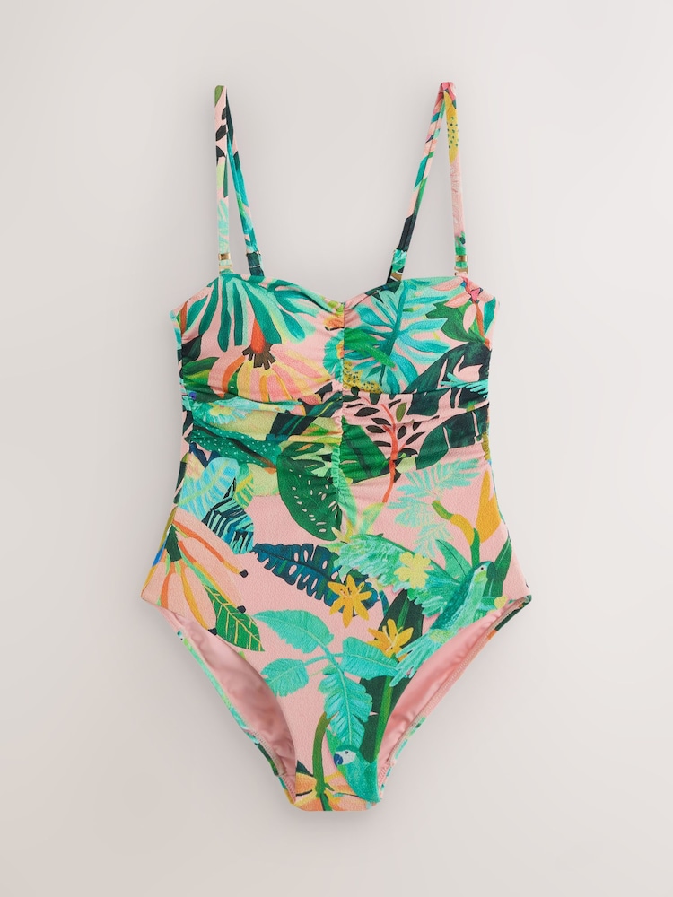 Coral/Green Tropical Shaping Tummy Control Bandeau Swimsuit - Image 1 of 3