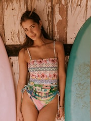 Pink/Blue Scenic Bandeau Ruched Leg Tummy Control Shaping Swimsuit - Image 1 of 6