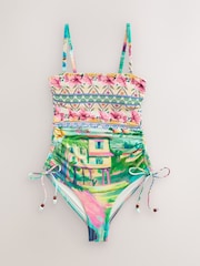 Pink/Blue Scenic Bandeau Ruched Leg Tummy Control Shaping Swimsuit - Image 7 of 9