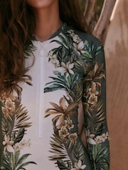 Cream/Khaki Green Palm Long Sleeve Rash Swimsuit - Image 5 of 8