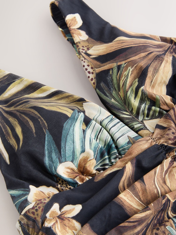 Black Leopard Palm Ruched Plunge Tummy Control Swimsuit - Image 4 of 4