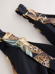 Black Leopard Palm Ruched Plunge Tummy Control Swimsuit - Image 8 of 9