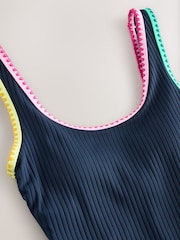 Contrast Binding Navy Rib Tummy Control Scoop Swimsuit - Image 3 of 4