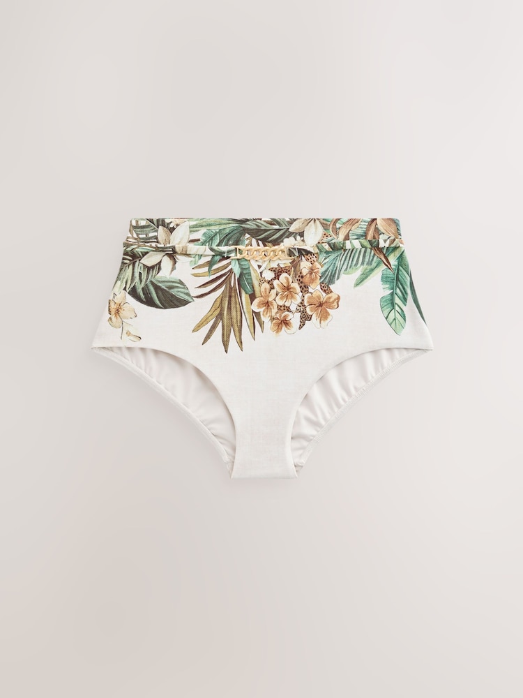 Cream/Khaki Green Palm High Waist Bikini Bottoms - Image 1 of 3 Cream/Khaki Green Palm High Waist Bikini Bottoms - Image 1 of 3