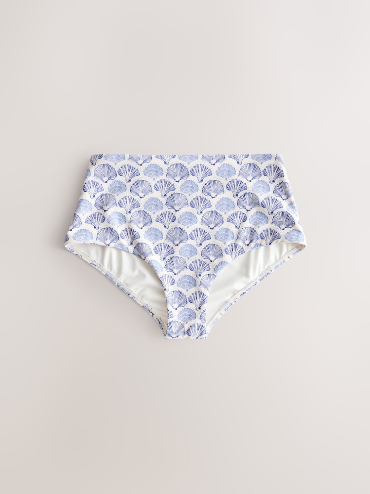 Cream/Blue Shell High Waist Print Bikini Bottoms - Image 1 of 3