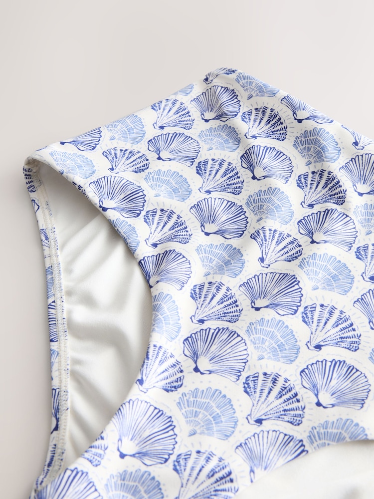 Cream/Blue Shell High Waist Print Bikini Bottoms - Image 2 of 3