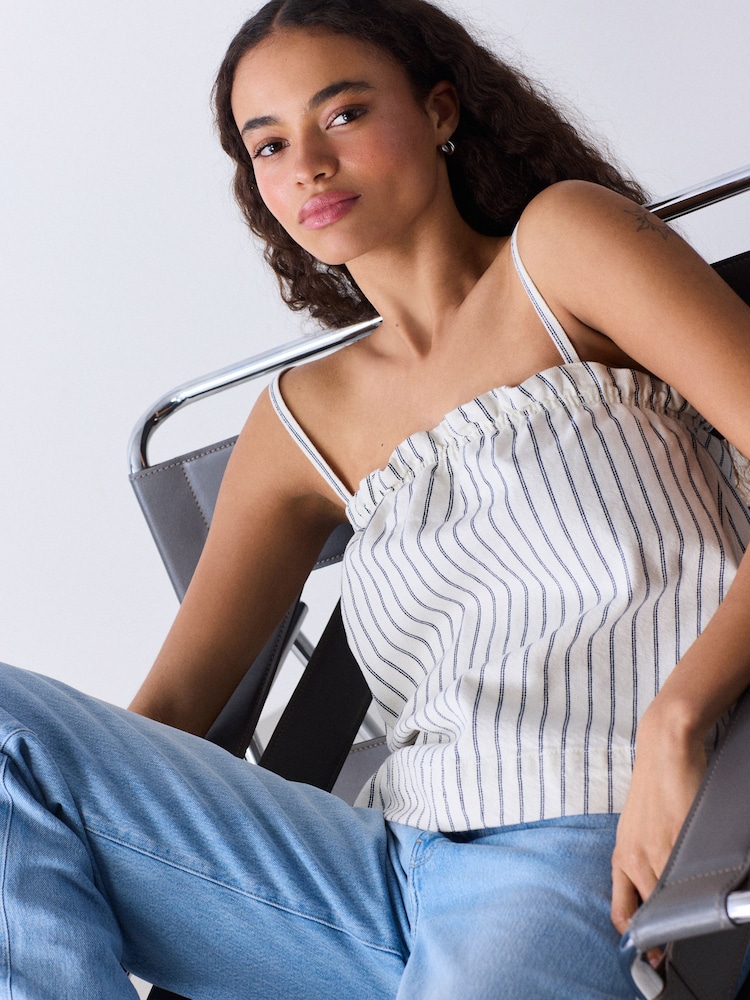 Ecru Stripe Strappy Denim Top - Image 1 of 8