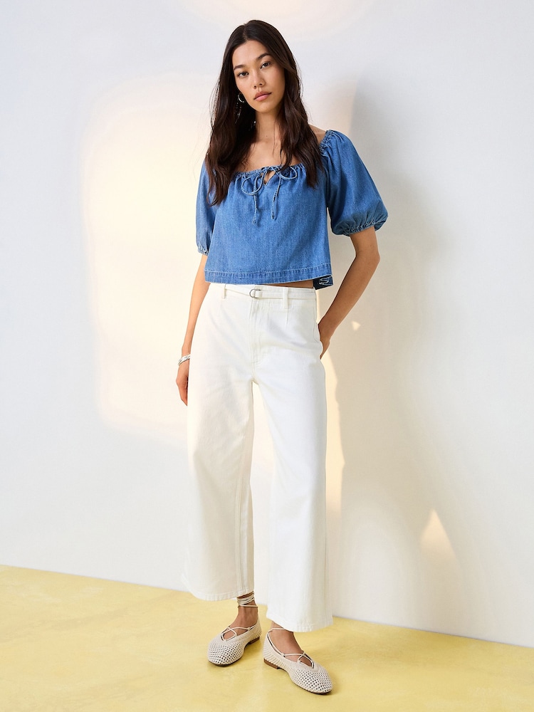 White Belted Wide Leg Cropped Jeans - Image 1 of 9
