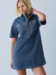 Mittelblau - Kurzarm Utility-Denim-Minikleid - Bild 1 von 8