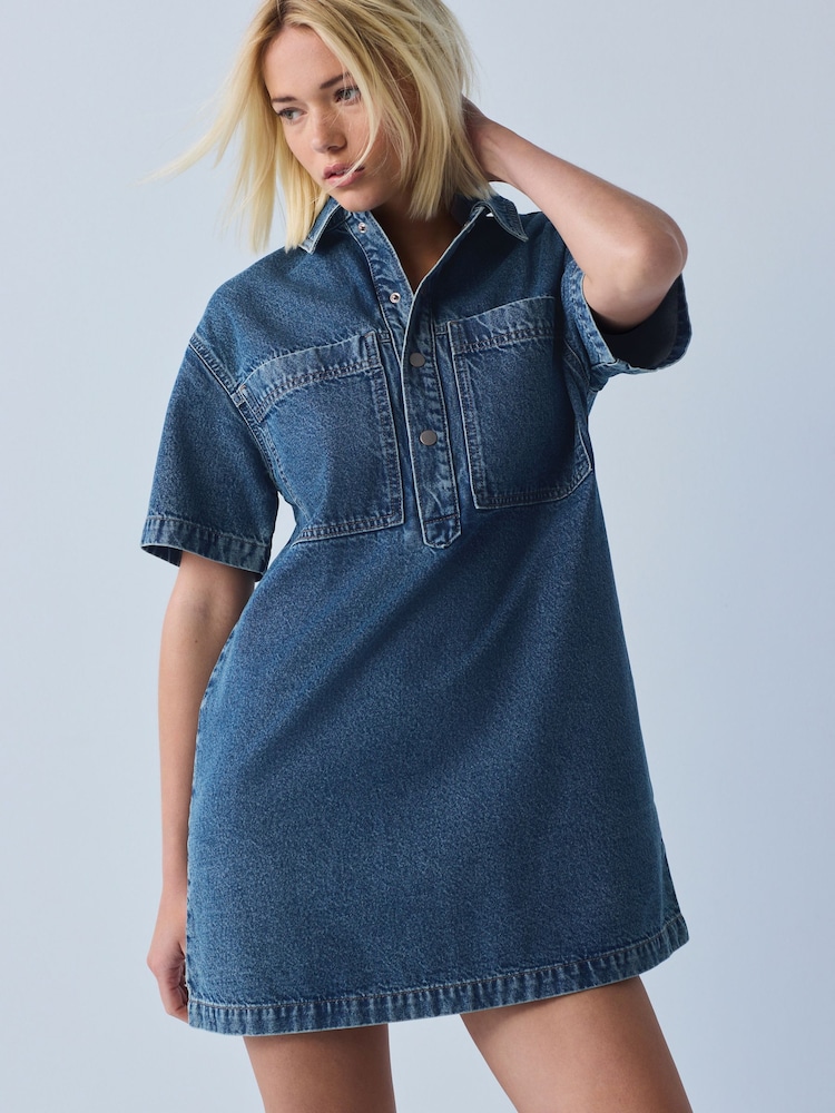 Mid Blue Short Sleeve Utility Denim Mini Dress - Image 1 of 8 Mid Blue Short Sleeve Utility Denim Mini Dress - Image 1 of 8