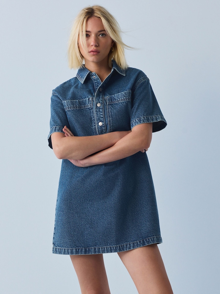 Mid Blue Short Sleeve Utility Denim Mini Dress - Image 2 of 8 Mid Blue Short Sleeve Utility Denim Mini Dress - Image 2 of 8