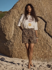 Brown Animal Print Drawstring Mini Shorts - Image 2 of 10
