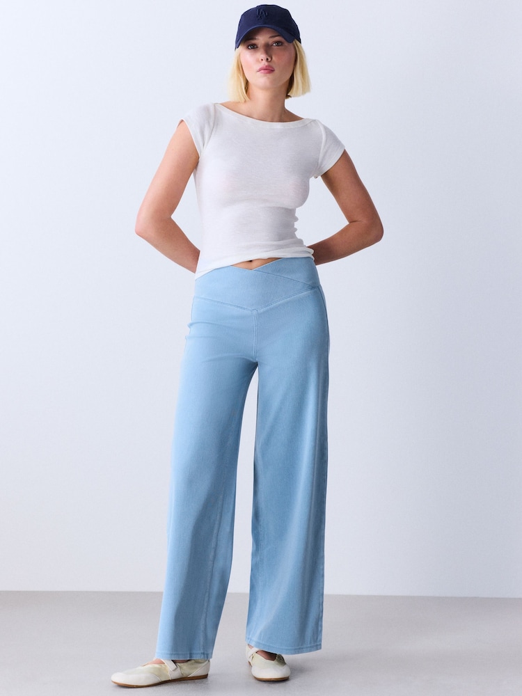 Bleach Blue Wrap Waist Jersey Denim Wide Leg Trousers - Image 1 of 8