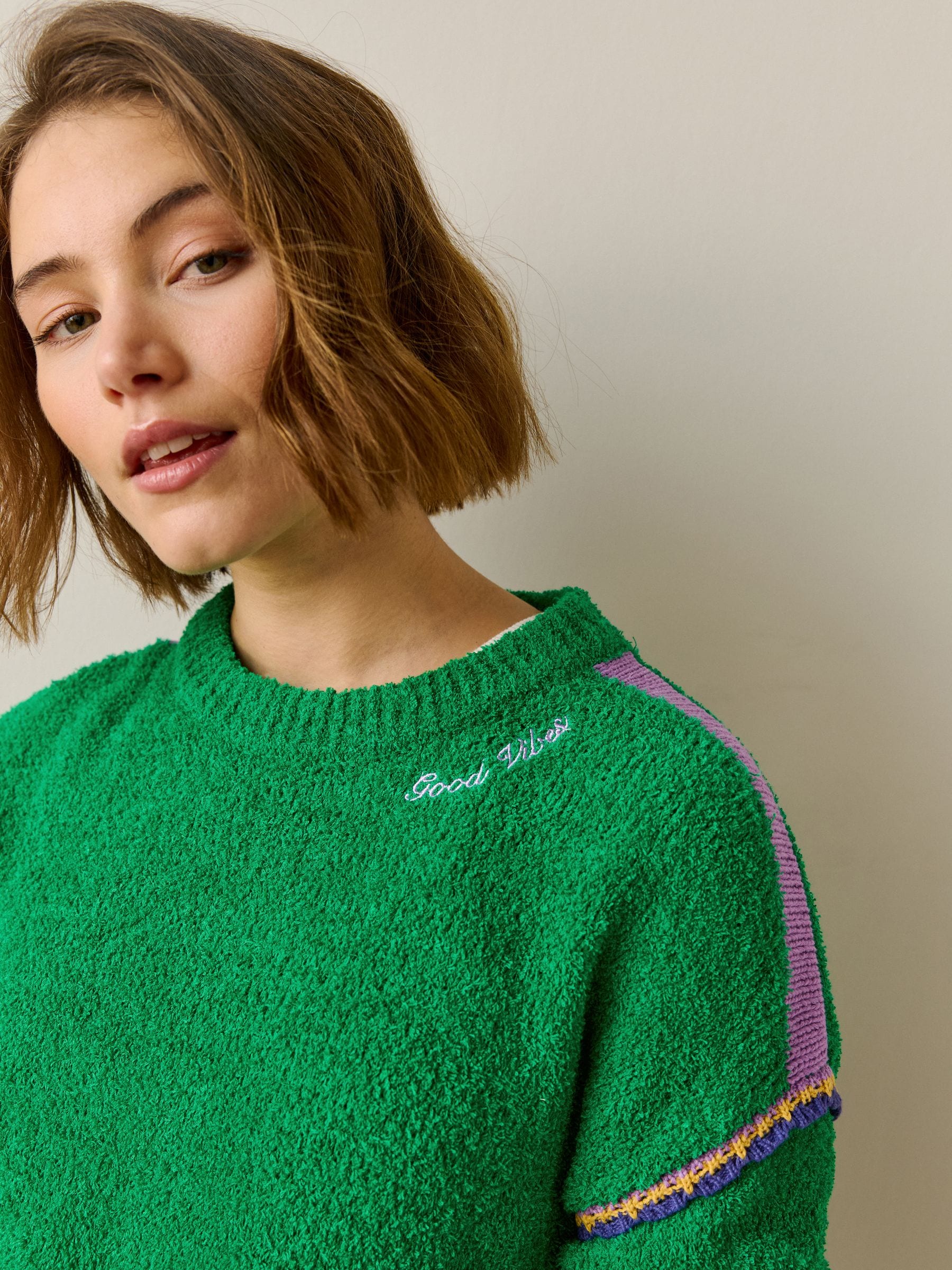 Buy Green/Purple Tipped Cotton Rich Towelling Knit Crew Neck