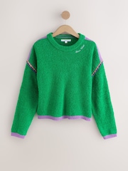 Green/Purple Tipped Cotton Rich Towelling Knit Crew Neck Jumper - Image 5 of 7