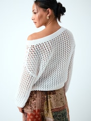 Weiß - Schulterfreier Mesh-Crochet-Pullover aus 100% Baumwolle - Bild 4 von 8