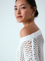 Weiß - Schulterfreier Mesh-Crochet-Pullover aus 100% Baumwolle - Bild 5 von 8