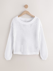 Weiß - Schulterfreier Mesh-Crochet-Pullover aus 100% Baumwolle - Bild 6 von 8