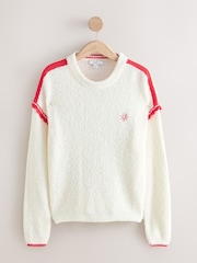 White/Red Tipped Cotton Rich Towelling Knit Crew Neck Jumper - Image 1 of 3